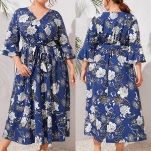 City Chic Teal Blue White Floral Print 3/4 Sleeve Chiffon Midi Dress Size 22
